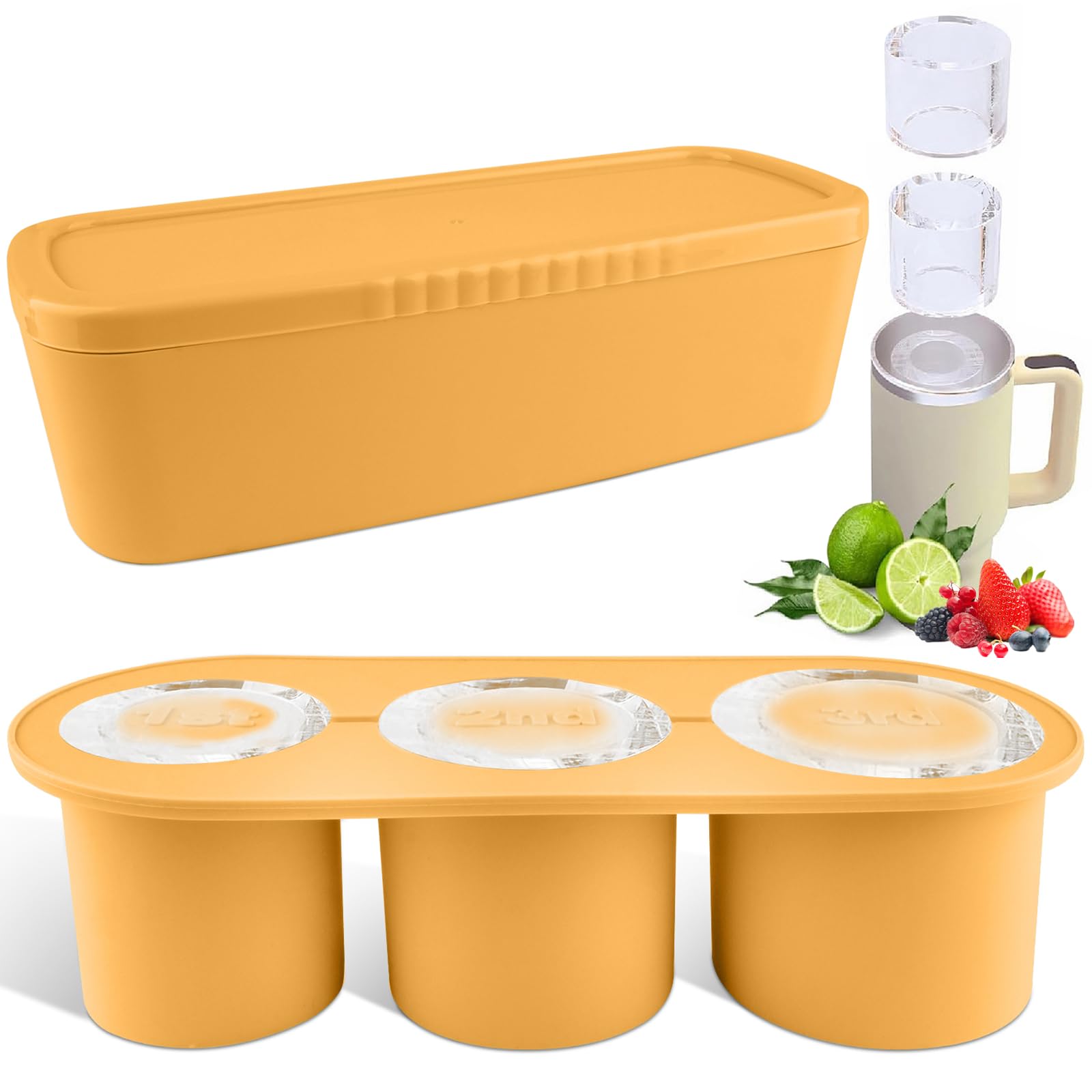 Fu Store Ice Cube Tray for Tumbler Cup 30-40 oz 3pcs Silicone Ice Cube Molds With Lid and Bin for Chilling Cocktails Whiskey Drinks Juice Coffee Easy Fill and Release Ice Maker (Yellow, 40 oz)