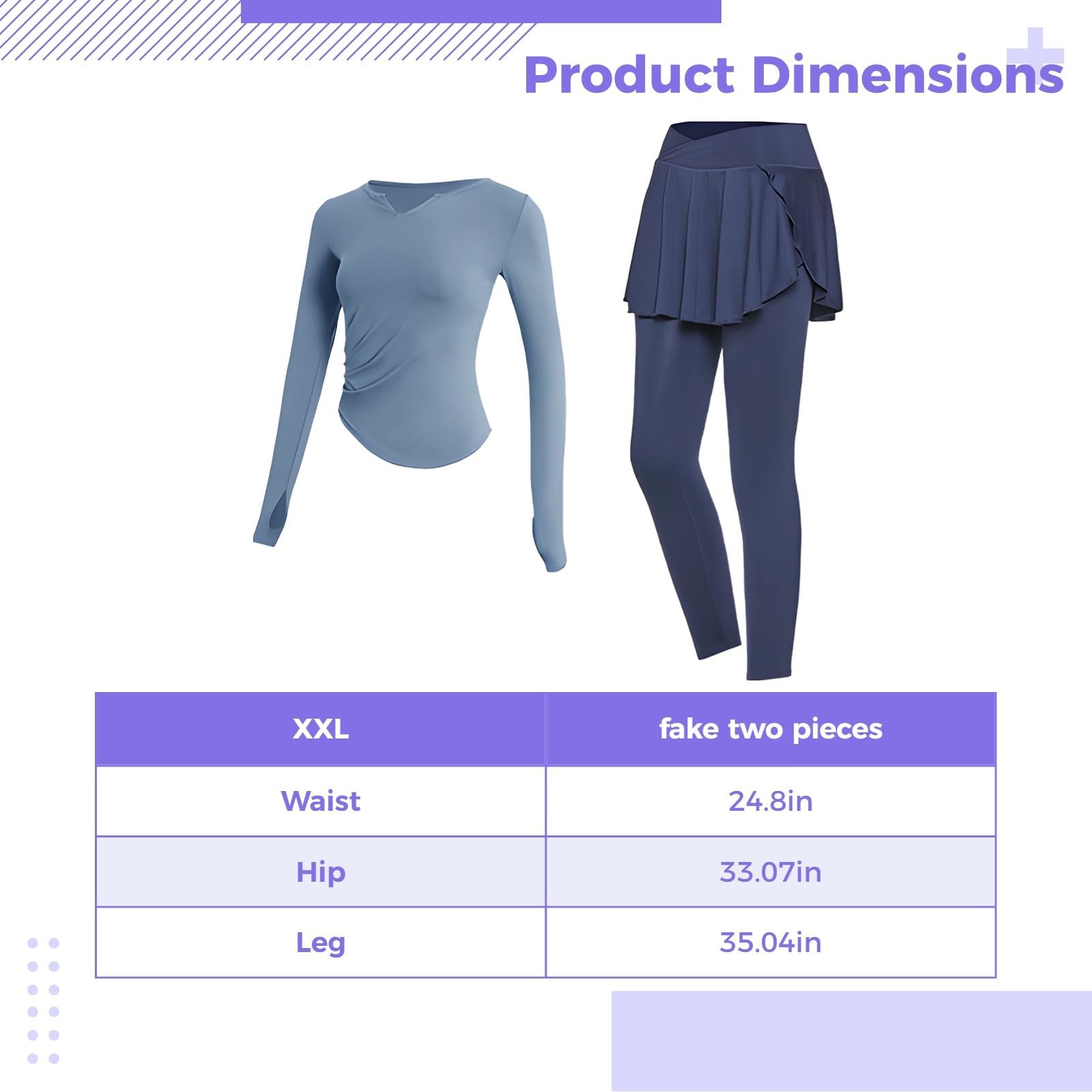 Completo da pilates nero da donna, taglia XXL, con top a maniche lunghe, gonna e leggings, traspirante e traspirante, per 61-68 kg