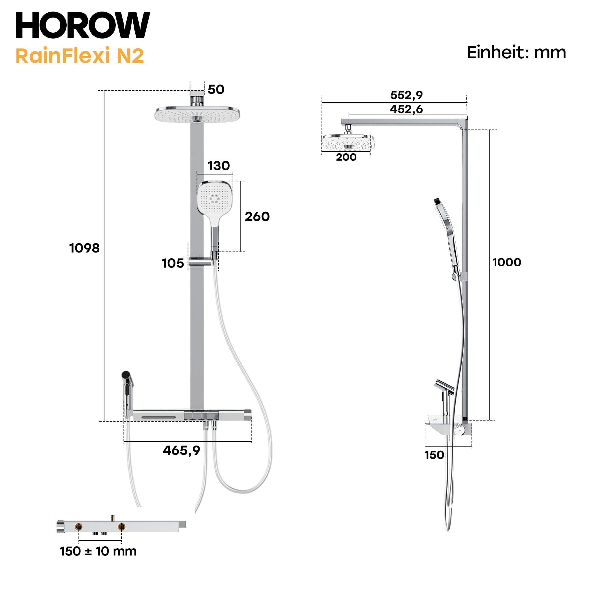 HOROW RainFlexi N2 Duschsystem Regendusche mit Thermostat