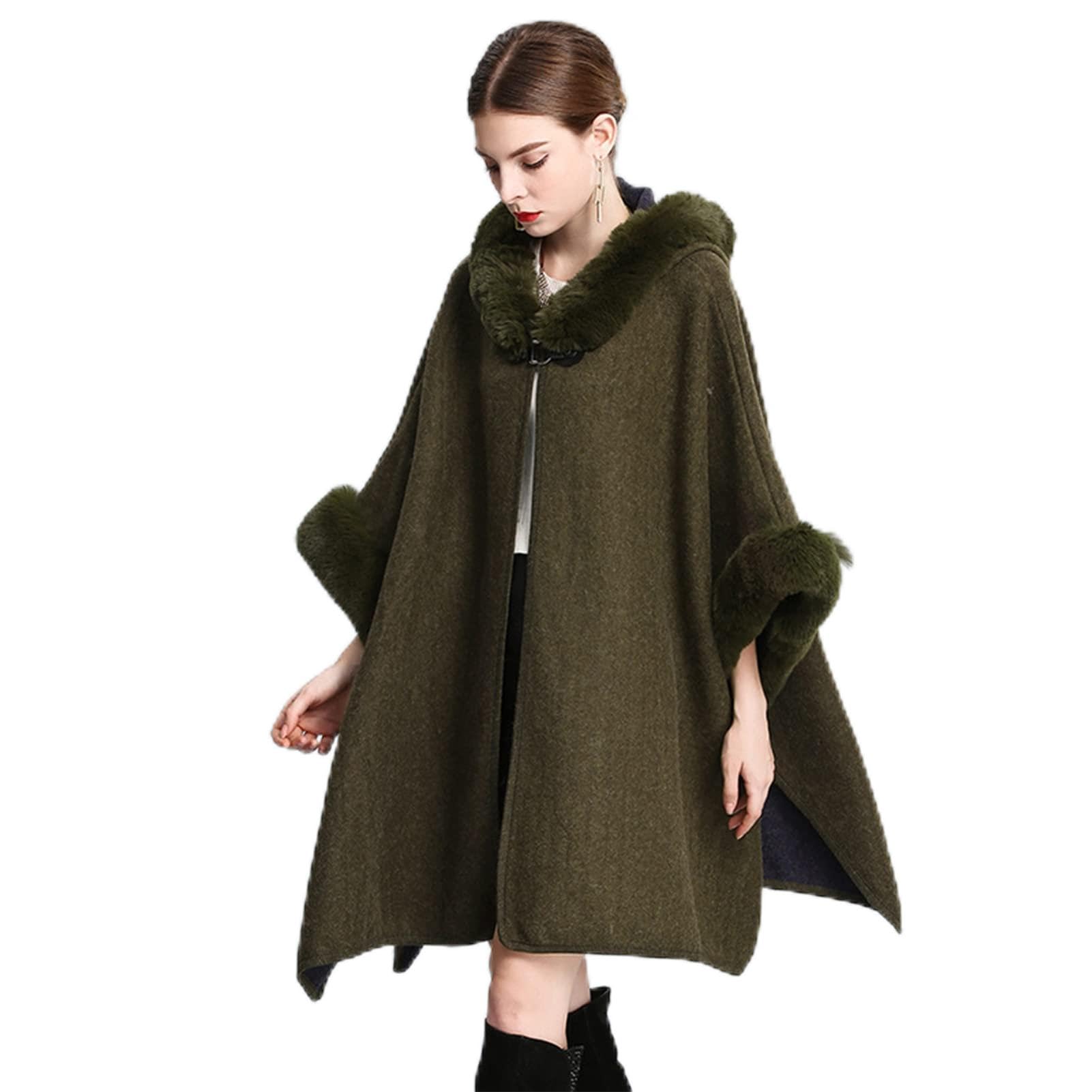 Stdnery Women's Green Cape Shawl Cloak, Fine Knit Cape Cardigan With Faux Fur Trim Layers Hooded Poncho(Green)