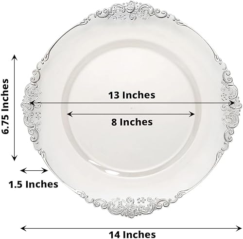6 platos de carga redondos transparentes de 13 pulgadas con borde plateado decorativo en relieve, suministros de decoración de cena, boda, recepción