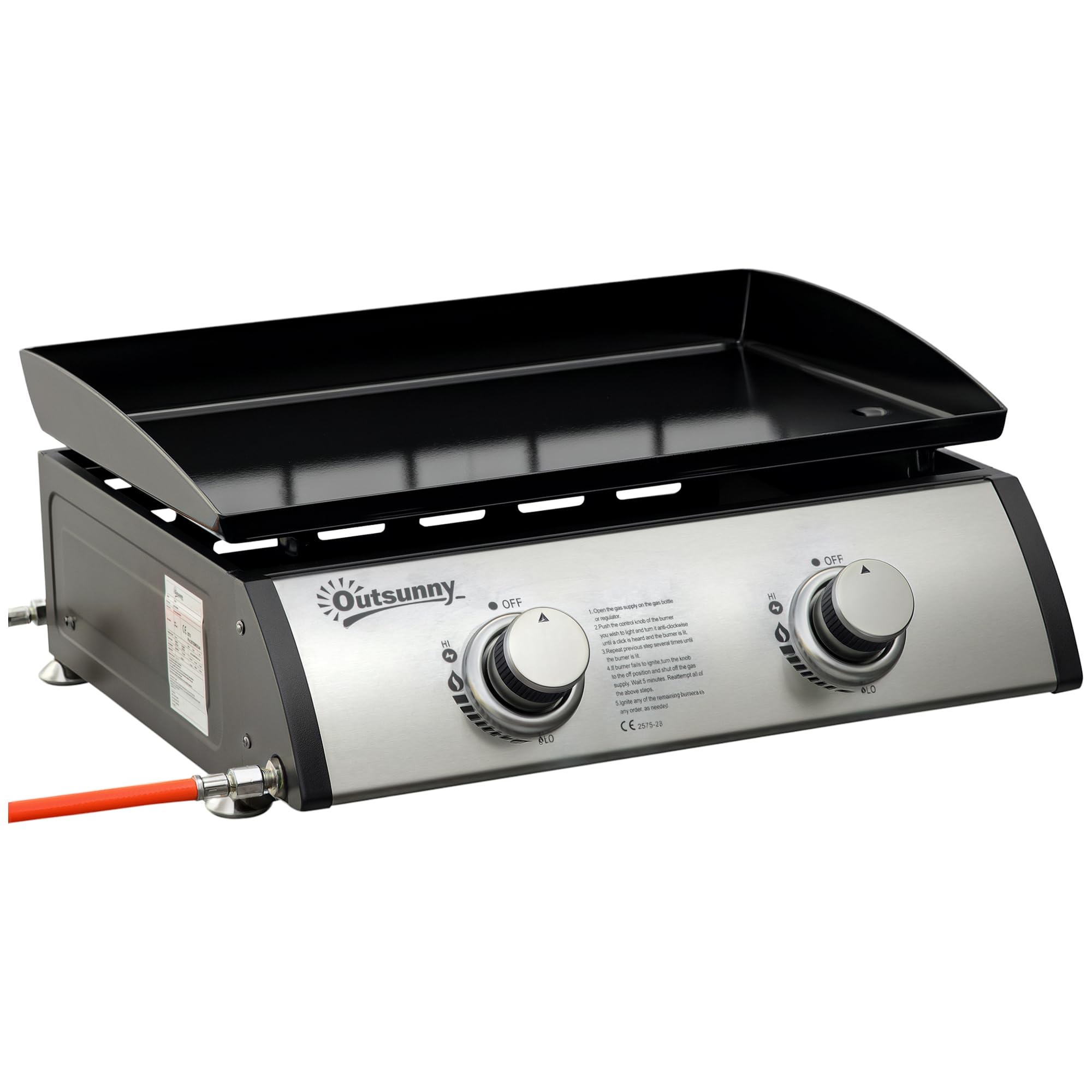 Outsunny Silver Gas Plancha Barbecue Grill 6Kw Portable Tabletop Gas Bbq W/ 2 Burners, Non-Stick Hotplate, Drain Hole And Grease Collection Box