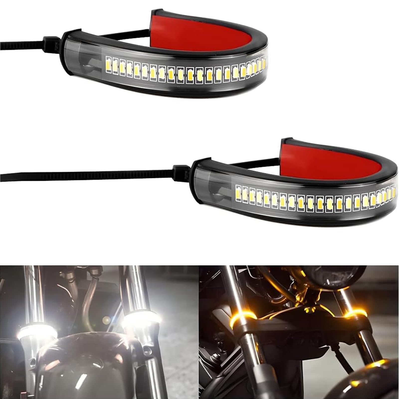 Wisfunlly 2Pcs Motorcycle LED Turn Signal Light, Flexible Switchback Dual-Color White & Amber Motorcycle LED Fork Turn Signal Blinkers DRL Daytime Running Light Waterproof Adjustable Stips Bars