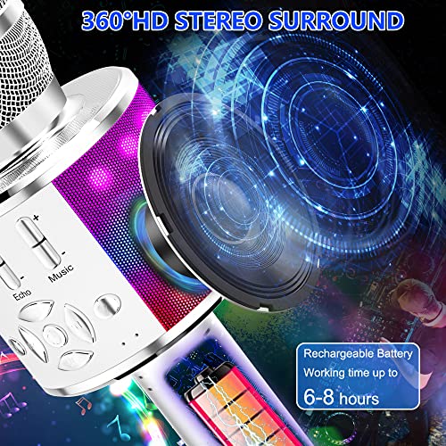 Image of Amazmic Kids Karaoke Microphone Machine Toy Bluetooth Microphone Portable Wireless Karaoke Machine Handheld with LED Lights, Gift for Children Adults Birthday Party, Home KTV(Silver)
