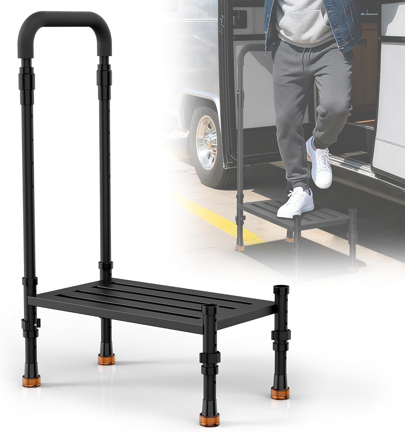 Adjustable Height Car Step Stool with Handrail for RV, SUV & Truck, Heavy Duty, Non-Slip Safety Step Assist for Elderly, Seniors & Mobility Aid