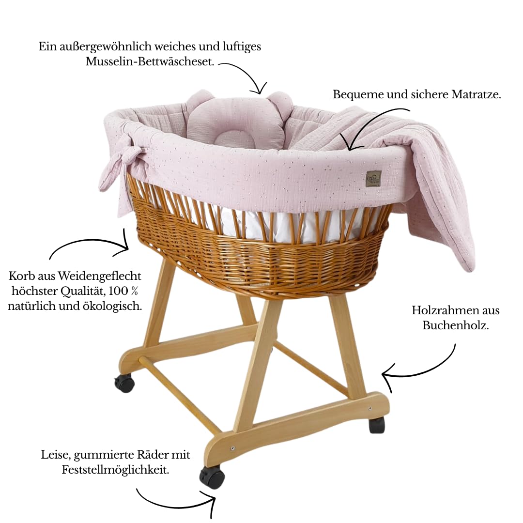WIKLINOPOL - Moisés completo con cesta de moisés natural, colchón y ropa de cama de algodón 100% en color lila dorado, espacio seguro para dormir con ruedas y freno, modelo Amelia