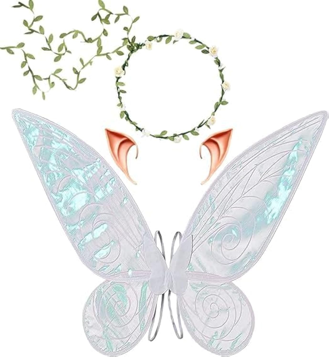 Butterfly Fairy Wings Costume for Women Girl, Sparkle Princess Wing for Halloween Party Favor with Elf Ears Flower Crown
