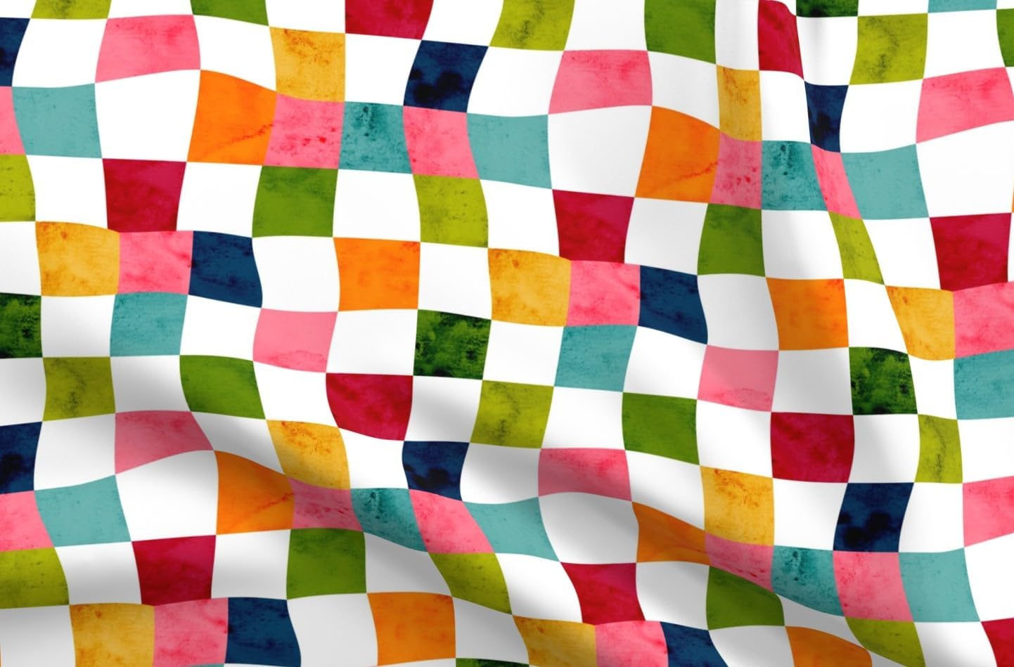 Spoonflower Fabric - Vintage Wavy Check Rainbow Abstract Mod Shapes Colorful Watercolor Printed on Petal Cotton Fabric Fat Quarter - Sewing Quilting Apparel Crafts Decor