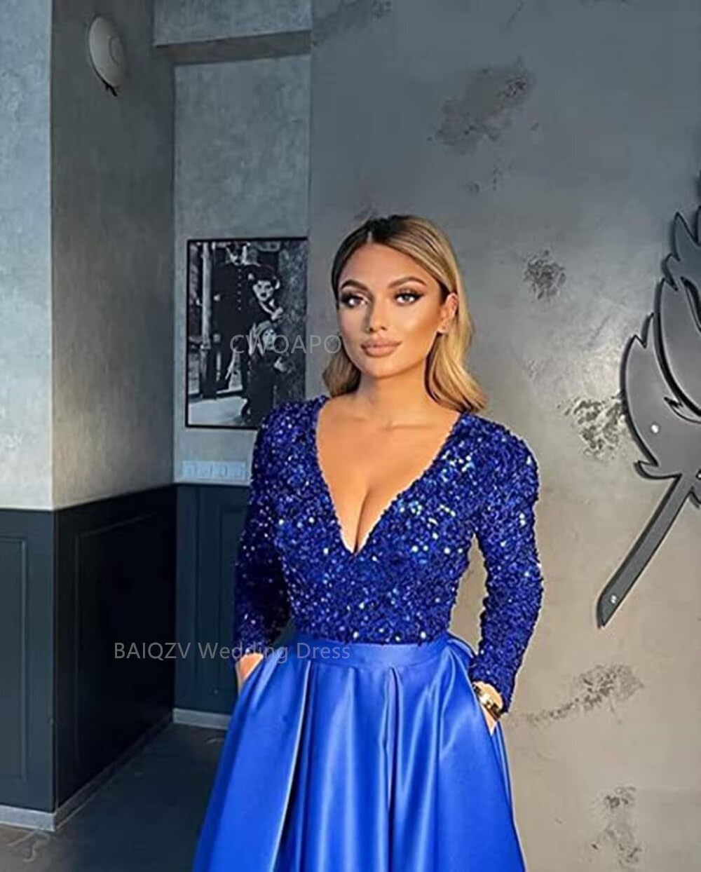 CWOAPO Long Sleeve Sequin Prom Dresses for Women 2026 V Neck Satin Formal Dress with Pockets Evening Gown with Slit