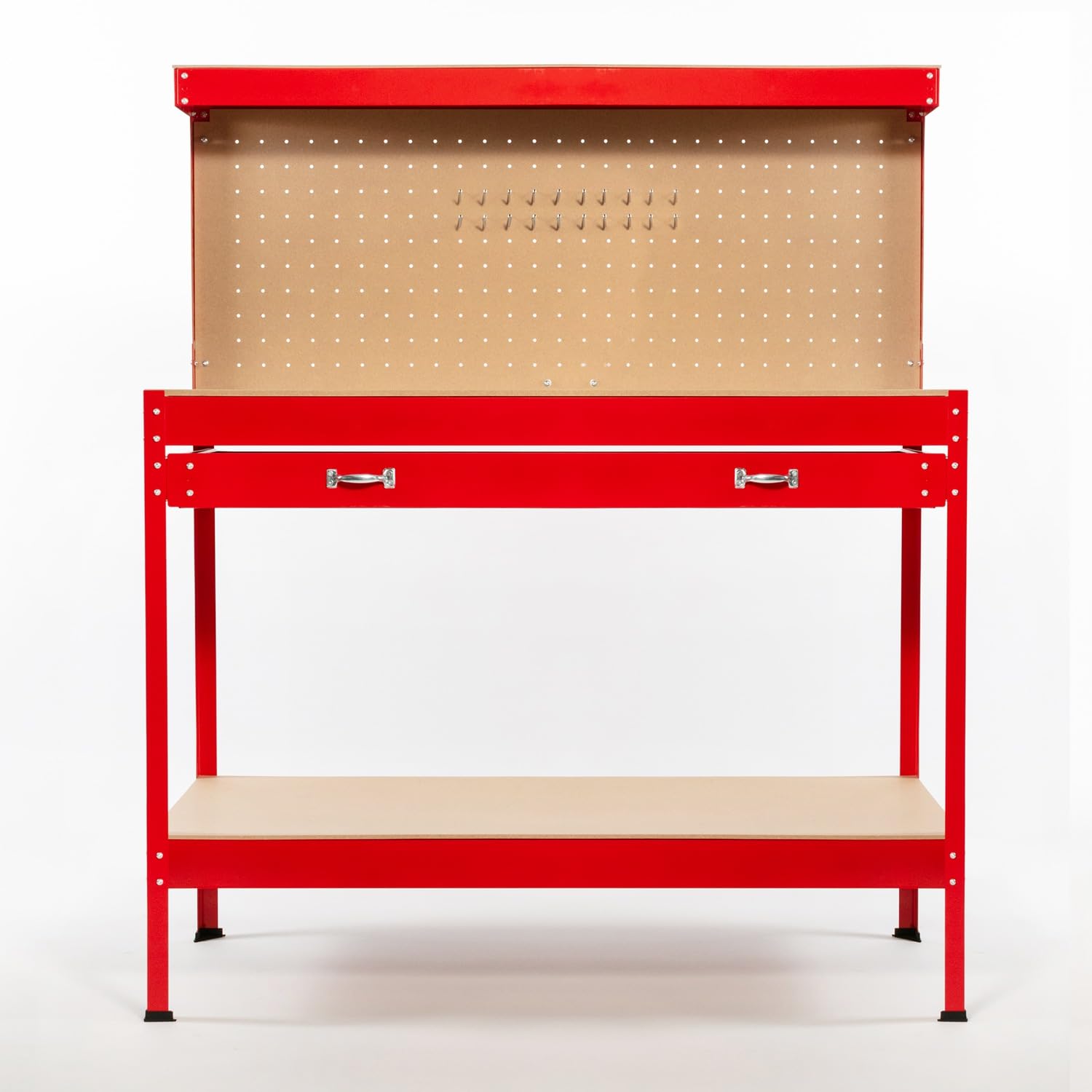 Foxhunter – Pannello forato per attrezzi lavoro banco da lavoro con attrezzi da garage in acciaio rosso con cassetti e ripiano per 12 pioli DIY workshop station