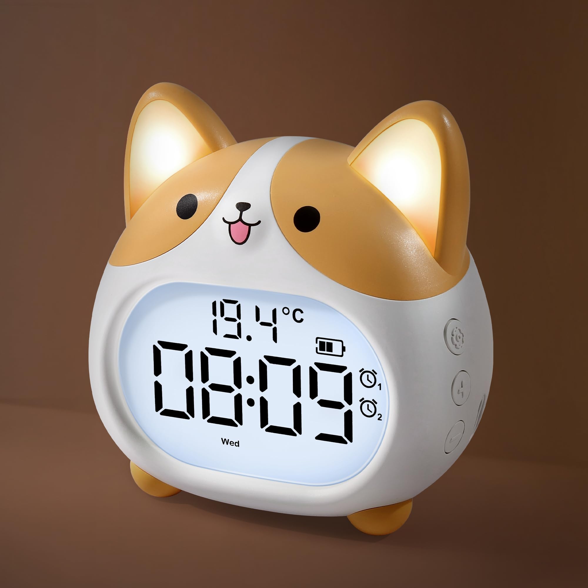 Lafocuse Kids Digital Alarm Clock Bedside with Night Light Corgi Design