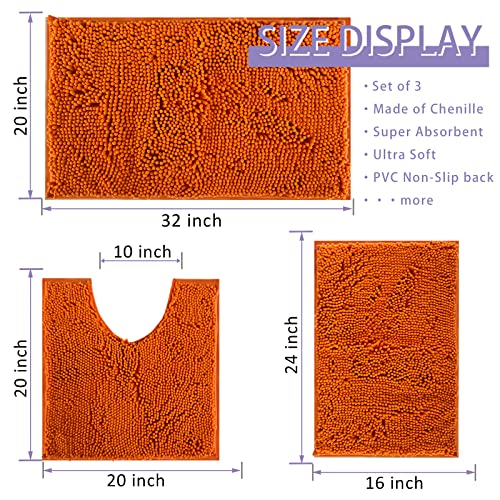 Image of RUN HELIX Bathroom Rugs 3 Pieces Orange Bath Rugs Fall Shower Rugs with U-Shaped Contour Toilet Mat Absorbent Chenille Plush Bath Mats Non Slip Bath Rugs Bathroom Floor Mats Bath Mat Living Rug Set
