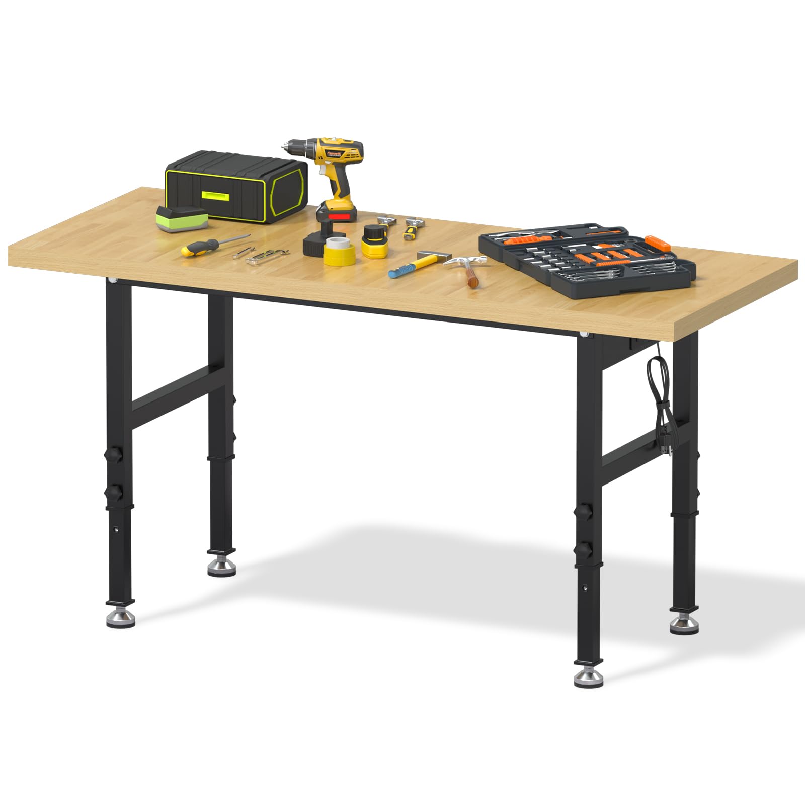 Granper 60" Work Bench with Power Outlets, Adjustable Height Workbench, Heavy-Duty 3000 LBS Capacity Wood Work Table for Garage, Workshop, Office,