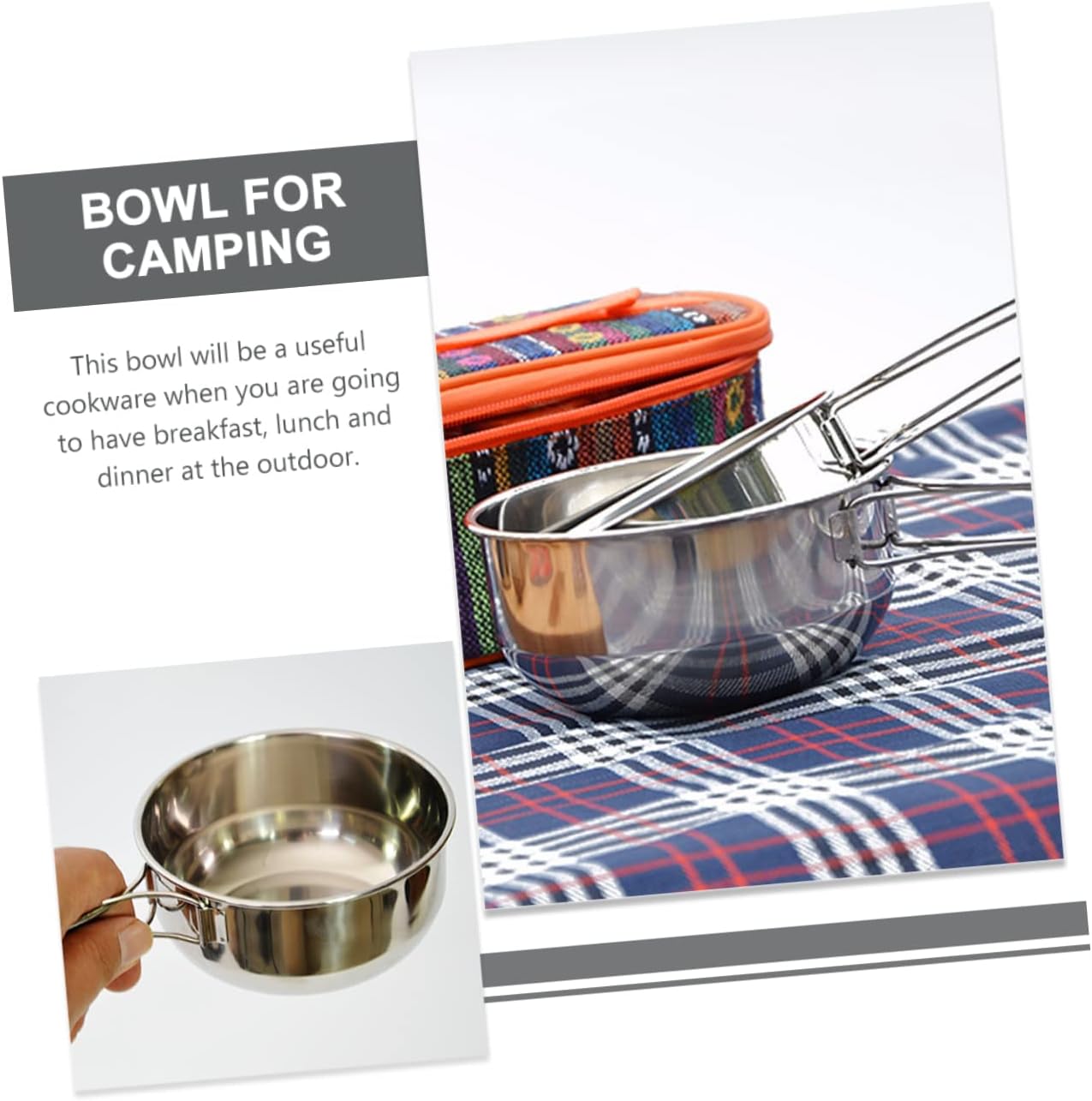 1set Stainless Steel Camping Bowl Folding Handle Lightweight Portable Cookware for Outdoor Cooking Picnic and Travel Includes and Bowls Net Bag