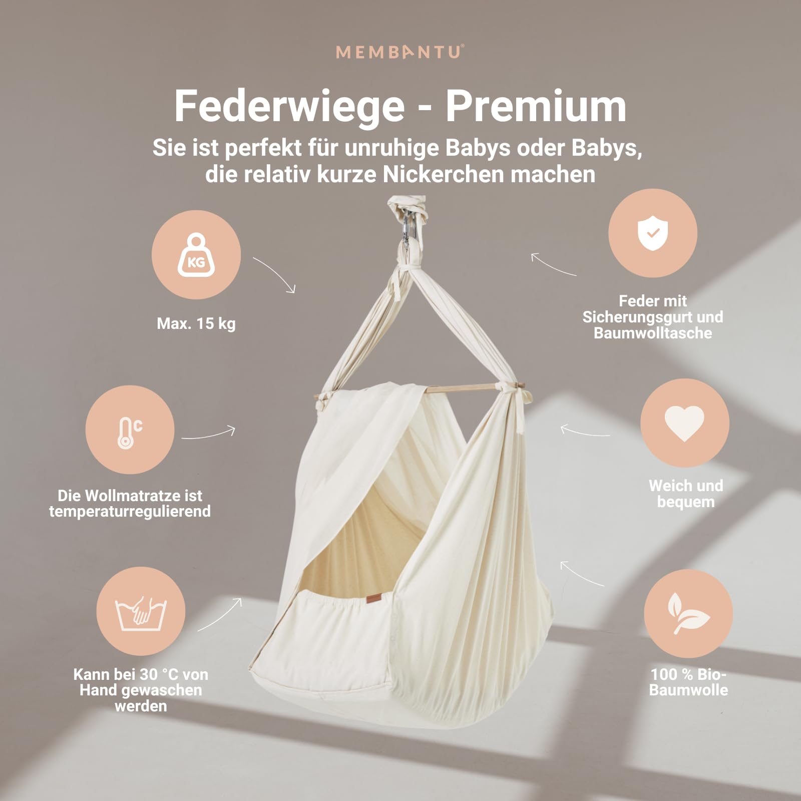 Premium Federwiegenset – Federwiege Premium aus 100% Bio-Baumwolle mit Öko-Wollmatratze, Baldachin & Tasche, Wiegenständer Premium, LeeLo02 Motor mit App-Steuerung & Schlaftracking (Grau)
