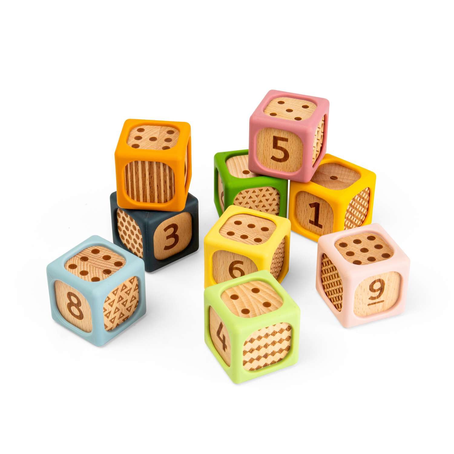 Bigjigs Toys Miękkie klocki do sortowania, zestaw silikonowych i drewnianych klocków dla niemowląt, kostki Montessori do układania w stos, miękkie zestawy kostek z numerami, zestaw zabawek dla dzieci