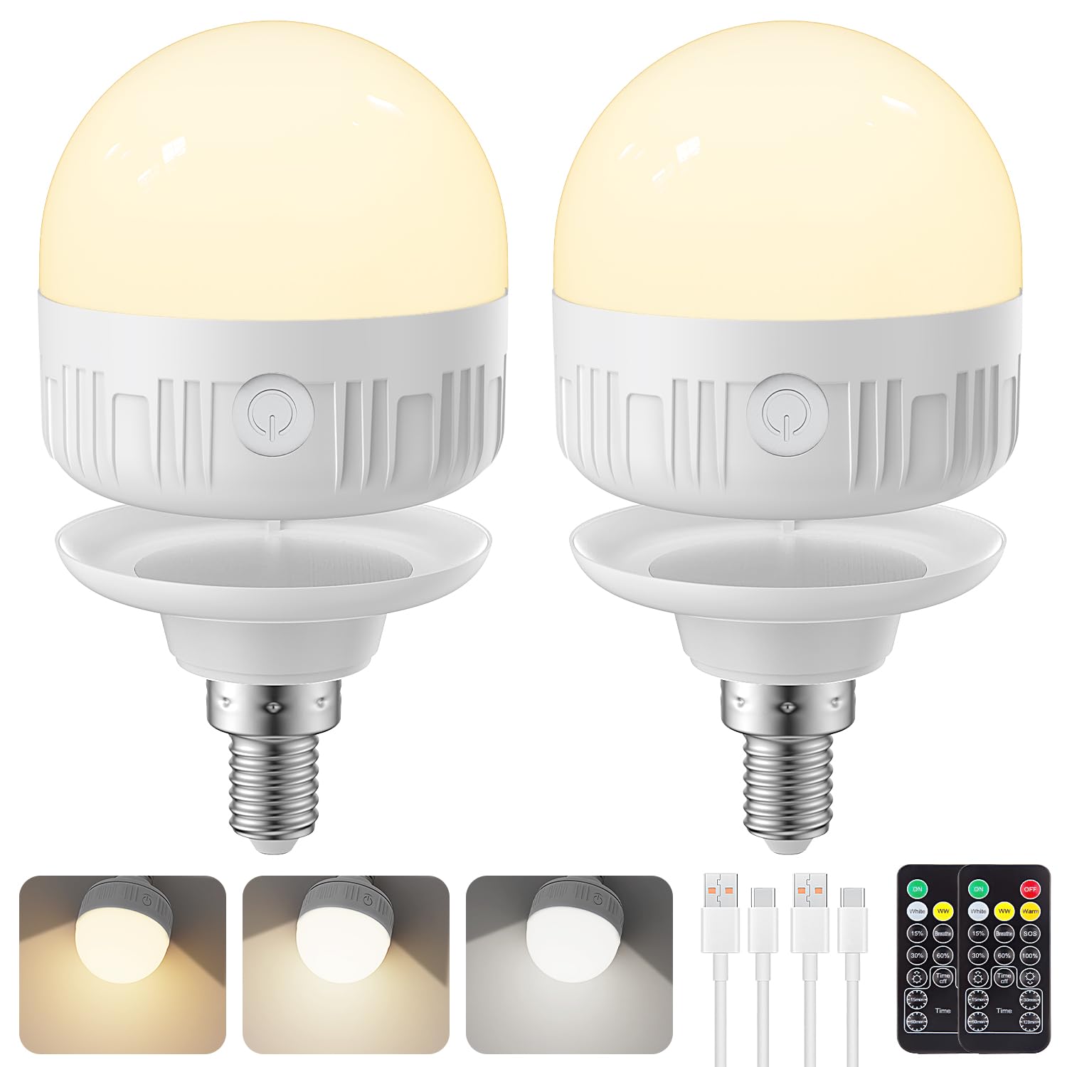 2Packs E12 Rechargeable Light Bulbs with Remote Control, 5W 350lm Magnetically Battery Operated Light Bulbs with 3 Color Temperature, Timer, Dimmer for Non-Hardwired Candle chandeliers Candelabra lamp
