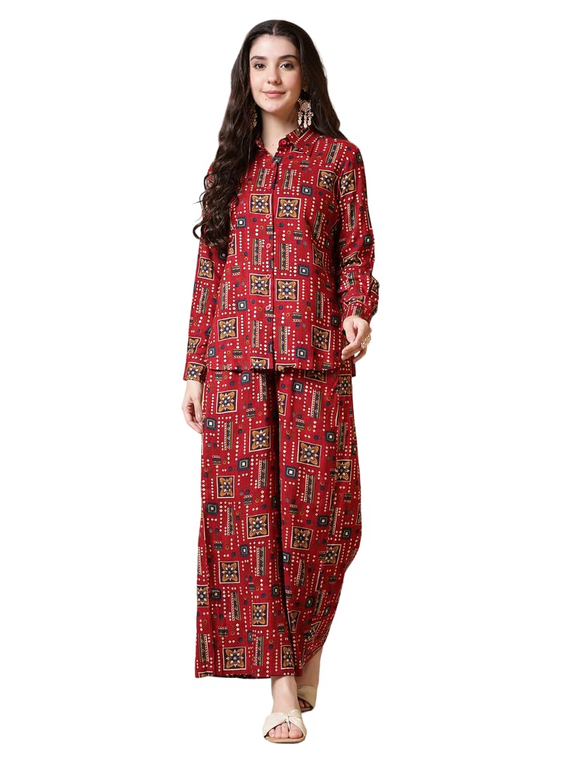 Women’s Ethnic-Inspired Printed Top Bottom Set with Structured Collar and Relaxed Straight Fit