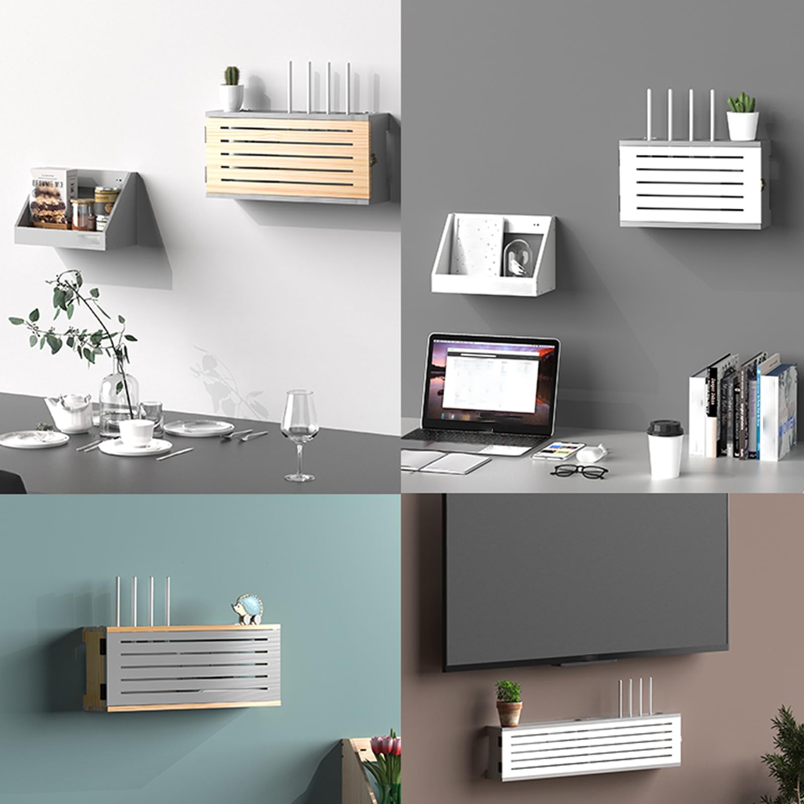 WiFi Router Aufbewahrungsbox Regal Wandhalterung Kabel Organizer,Wandbehänge TV Kabel Verstecken Box,Massivholzplatte,Seitentürdesign,mehrere Hohle Kabelöffnungen,große Kapazität