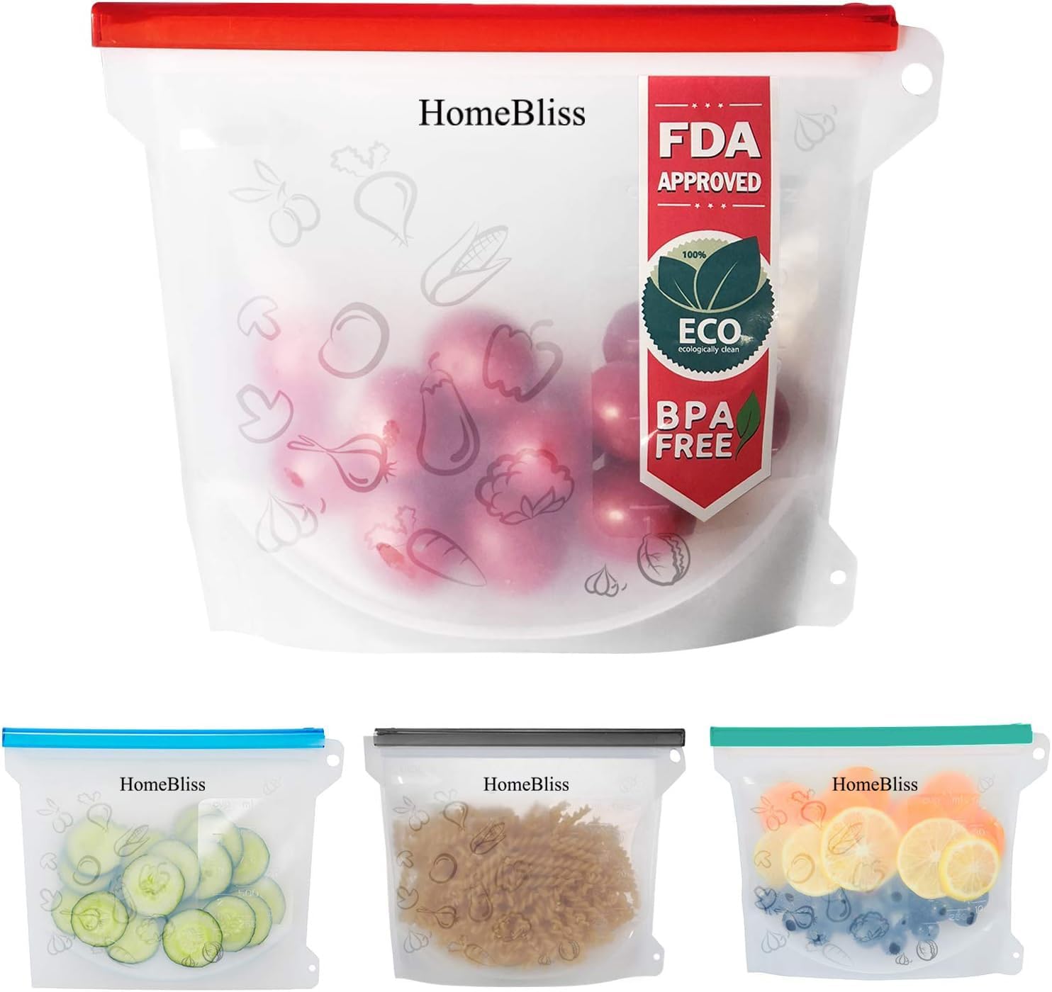 Platimum Reusable Silicone Food Bag 4 Pack Airtight Leak-proof Zip-lock Bag Snack bags for Sandwich Fruits Meat Freezer FDA & SGS Approved Reusable Bags 1000ml 30oz