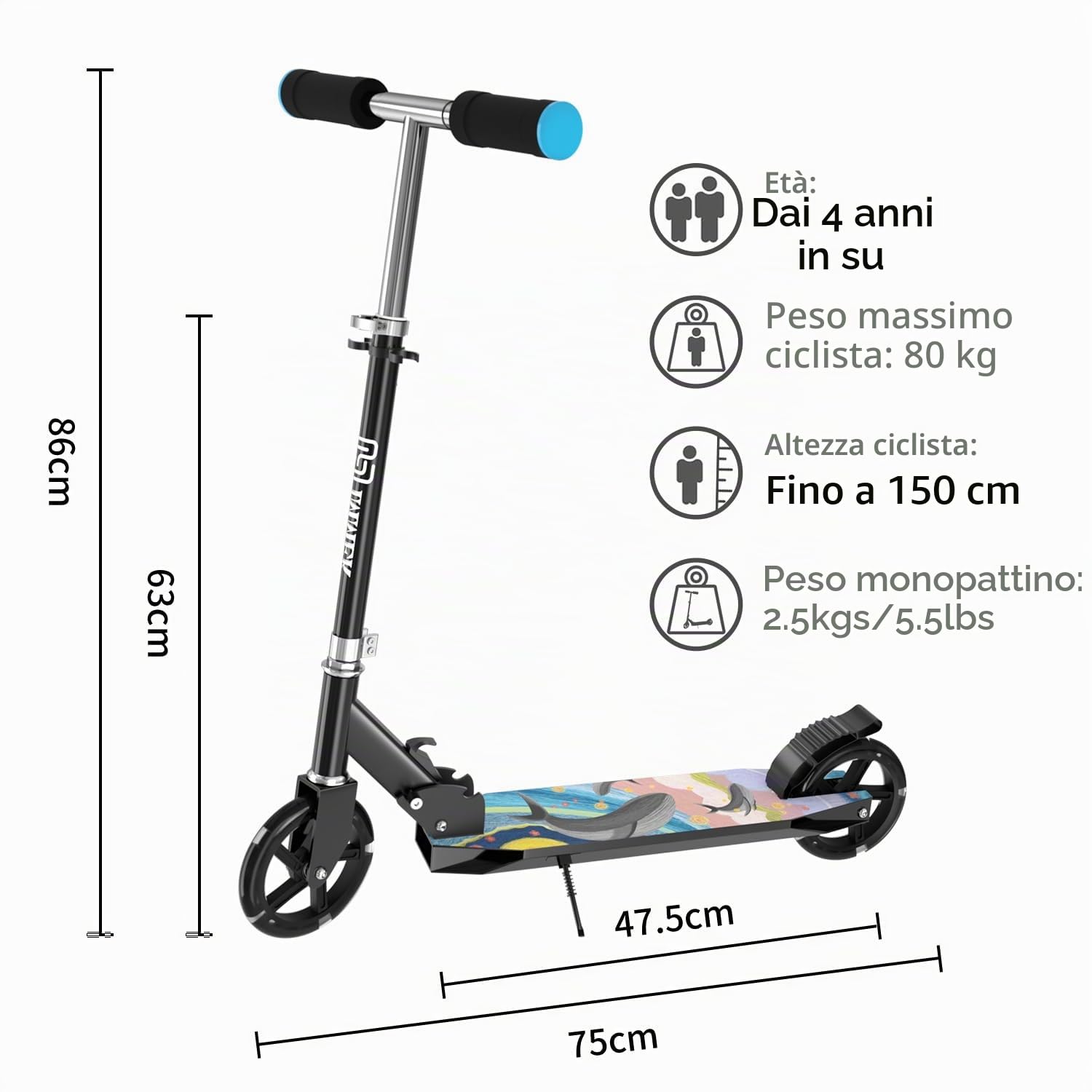 IMMEK Monopattino per Bambini, 2 Ruote Luminose a LED, Pieghevole, Pedale Regolabile in Altezza, per Ragazze e Ragazzi Oltre i 4 Anni, Peso Massimo 80kg