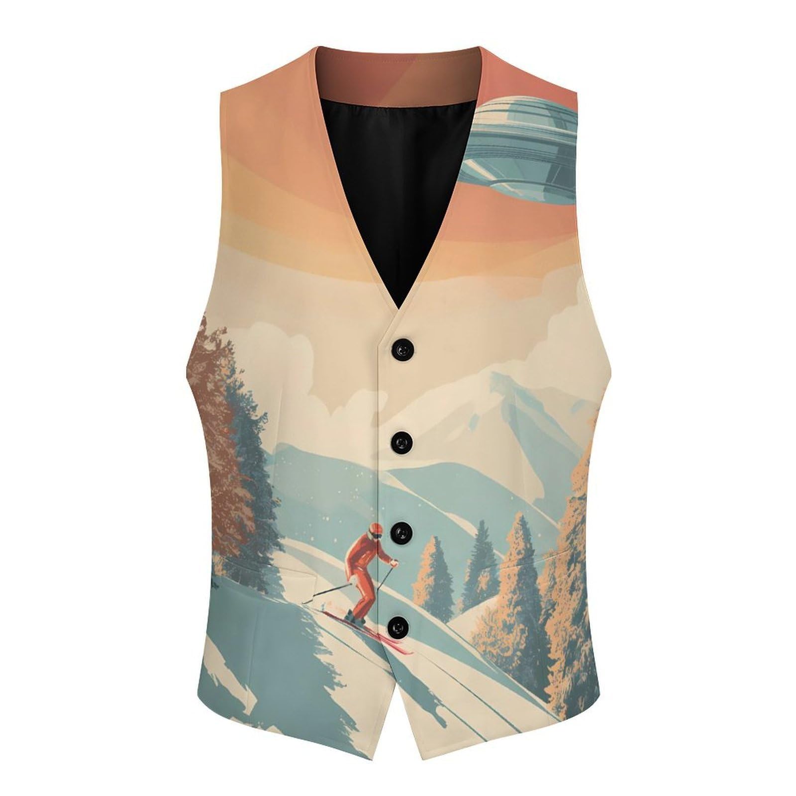 A Skier with Aliens - Gilet casual da uomo con 2 tasche | Slim Fit Gilet Gilet Business Formale Gemelli Vestito