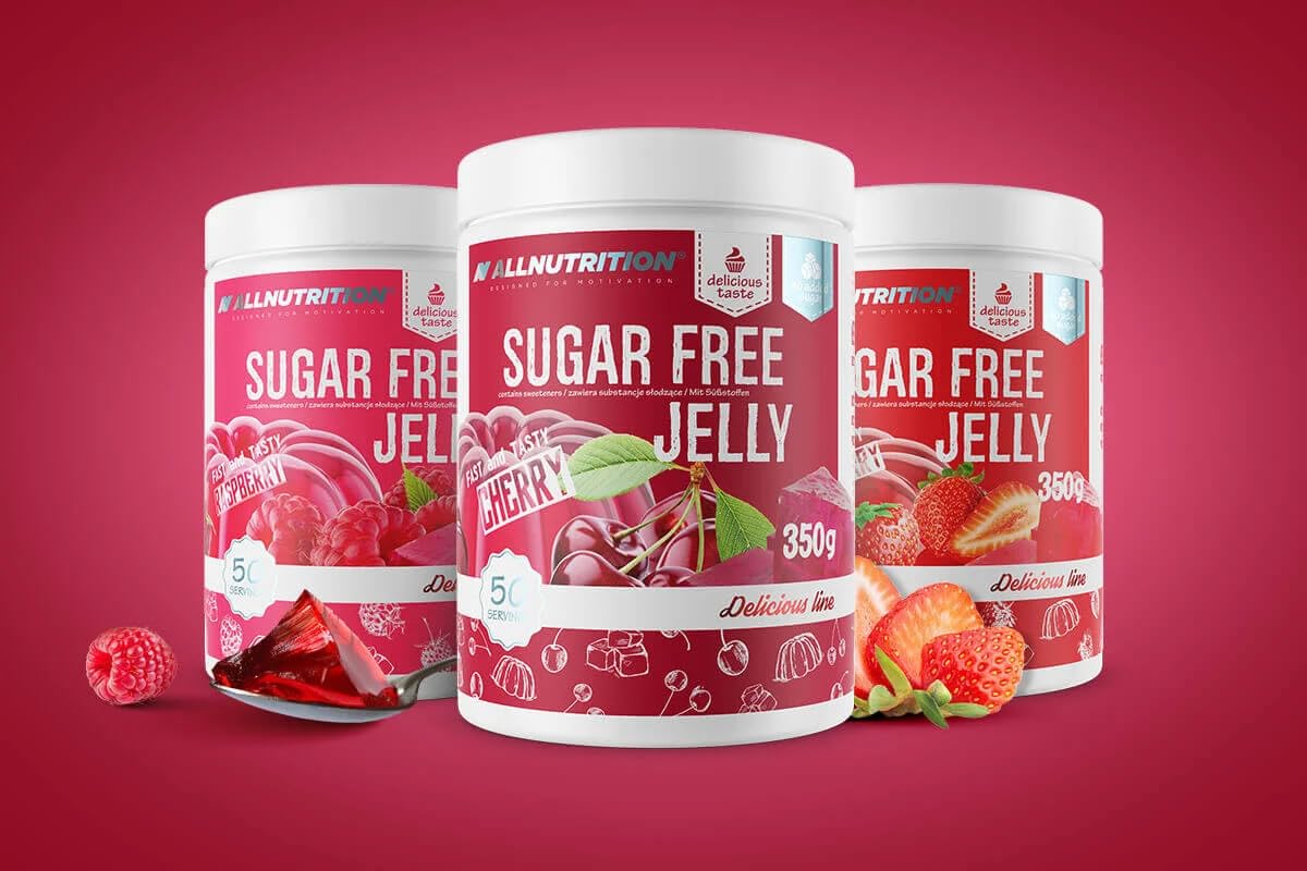 ALLNUTRITION Delicious Line Sugar Free Jelly - Dessert Hypocalorique - Collation sans Gras - Seulement 25 kcal par Portion - Cuisson Adaptée - 1 Paquet x 350 g - Raspberry