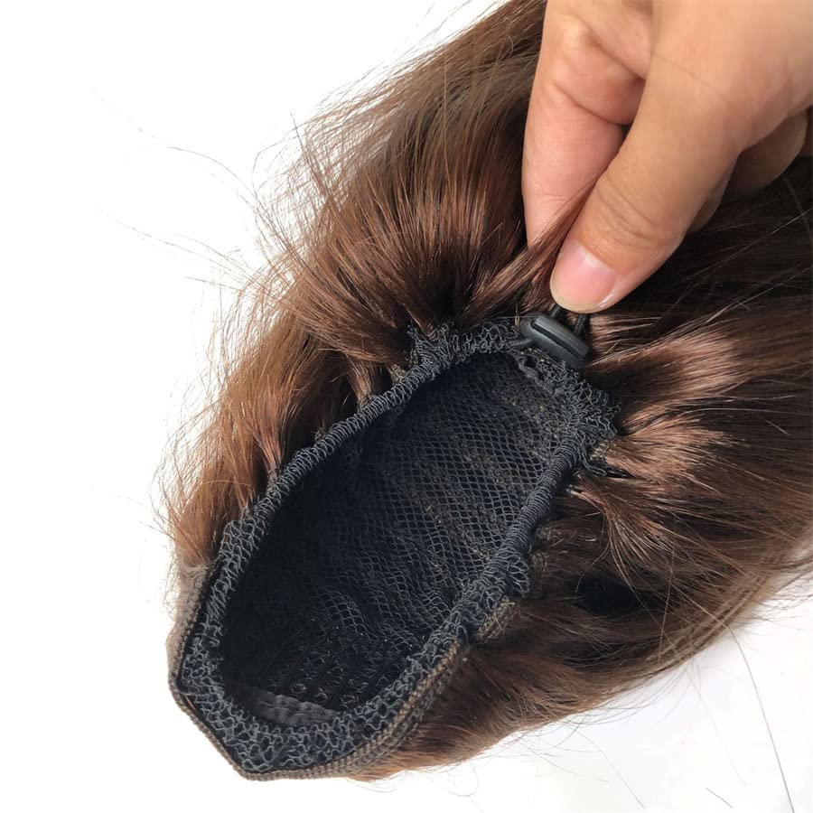16" Human Hair Ponytail Extension Drawstring Straight Medium Brown #4 Real Remy Hair Piece for Black Women