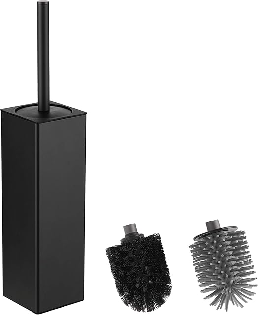 BGL Toilet Brush and Holder, Silicone Toilet Brush Holder 2 Brush Heads, Aluminum Square Loo Brush for Bathroom Cleaning, Toilet Brushes (Matte Black)