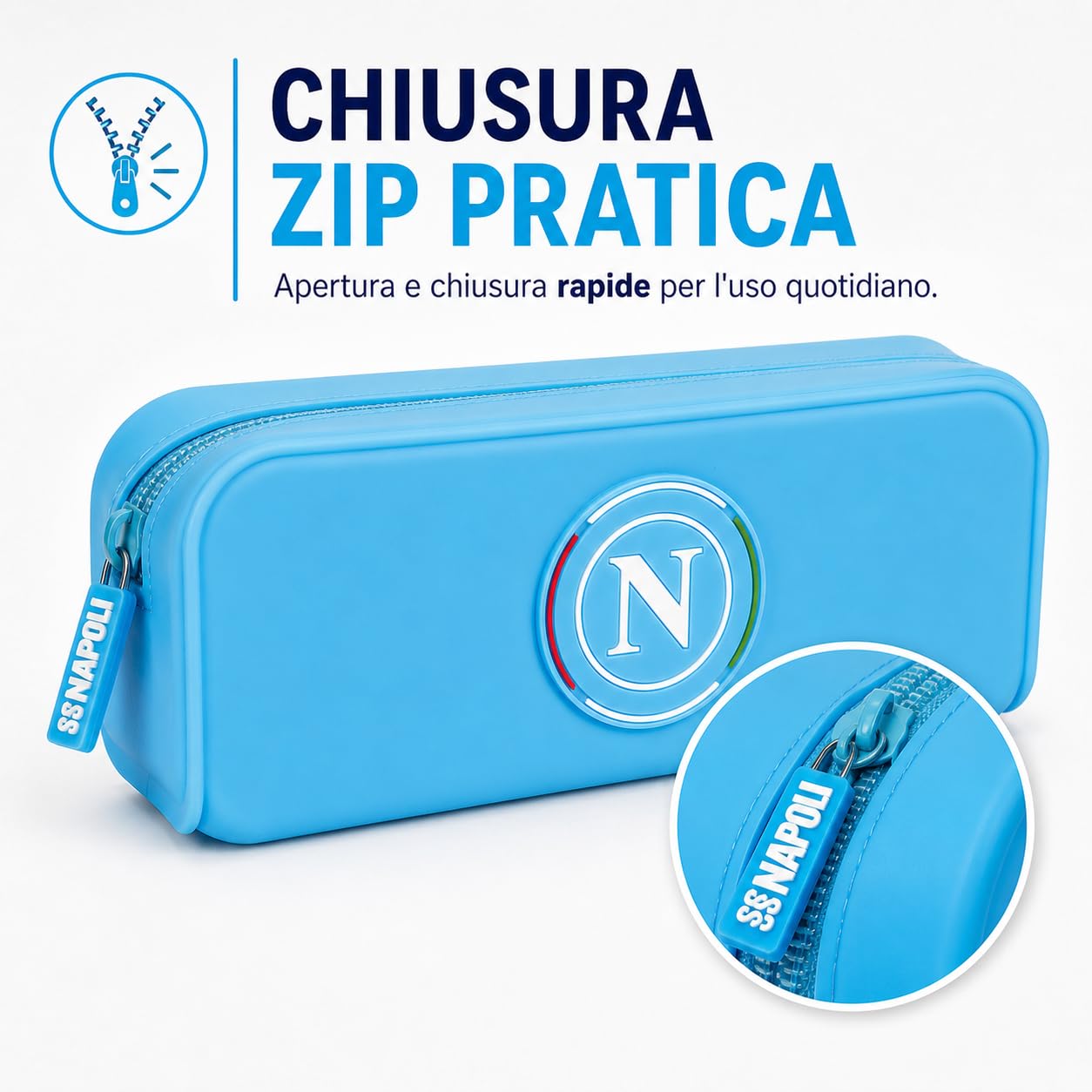Colourbook Astuccio SSC Napoli Azzurro Silicone Lavabile Portapenne Scuola Logo 3D Zip Gadget Calcio 19,5x7x5,5 cm