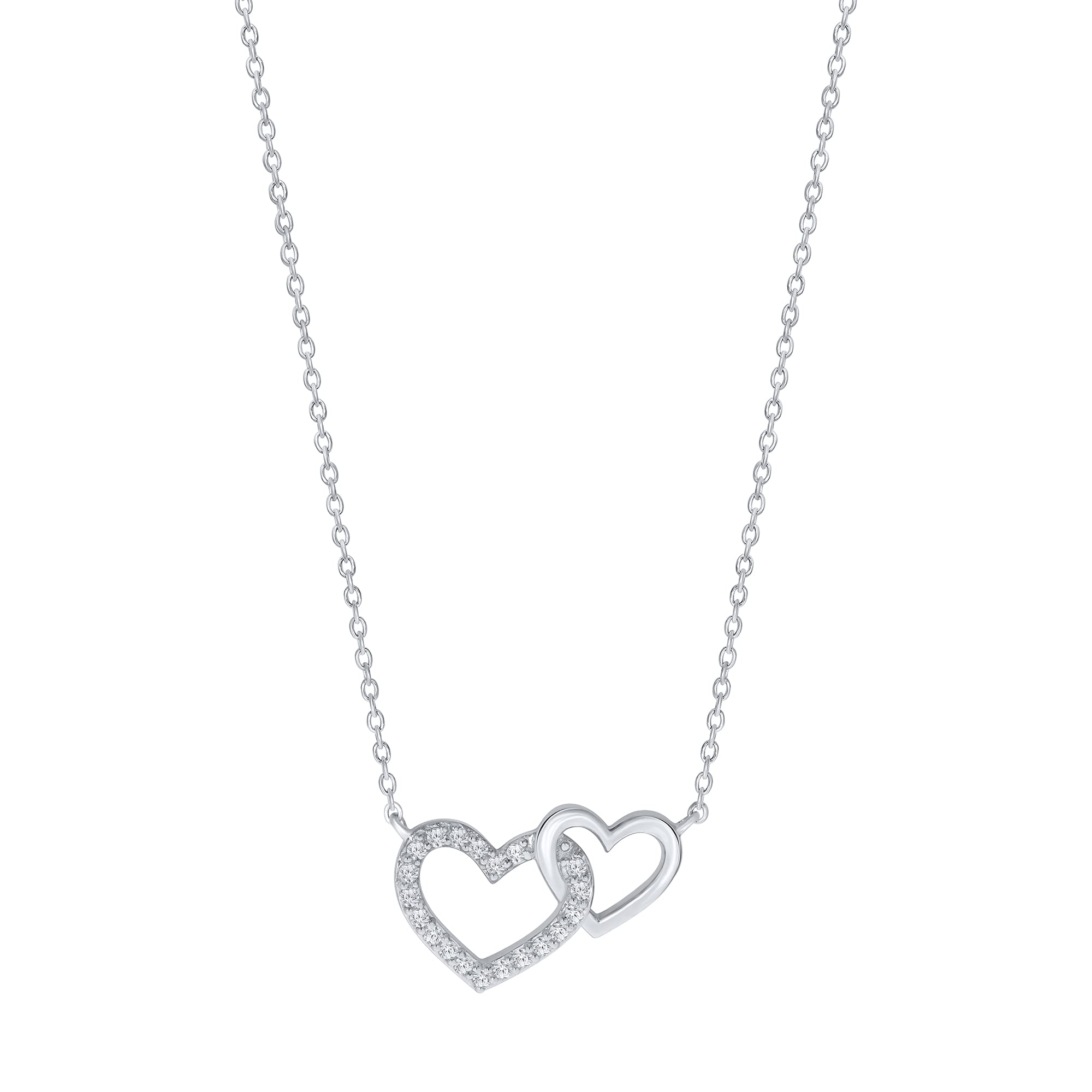 Elmas JewelryElmas 1/5ct Round White Diamond 925 Sterling Silver Interlinked Double Heart Pendant Necklace for Women