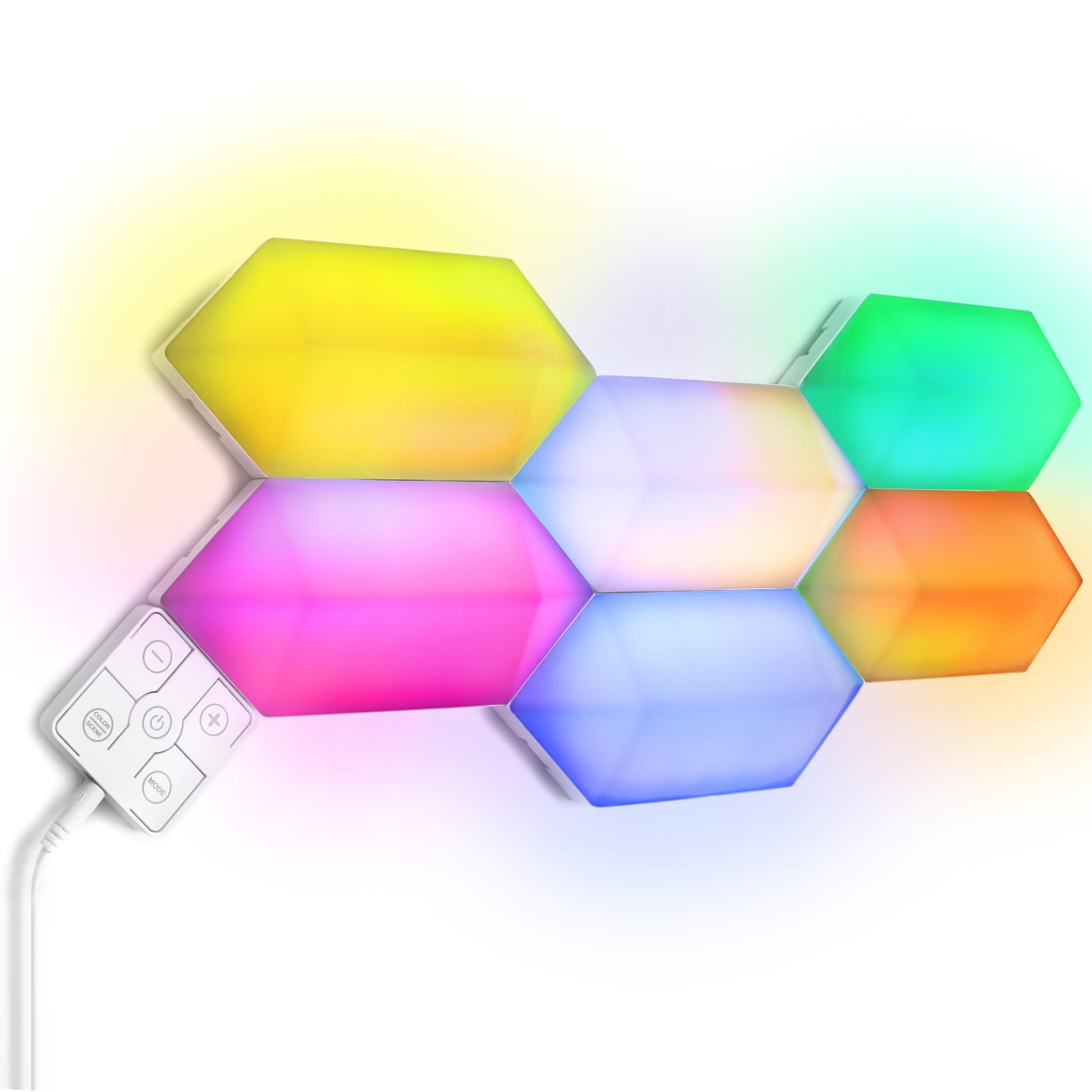 Feit Electric Smart LED Hexagon Tile Lights, 7" Ea, Linkable, RGBW Color Chasing, 2.4GHZ WiFi Enabled, Compatible with Alexa and Google Home Asst, Music Sync, Remote App, 6 Pack - HEX/CHASE/AG/6KIT