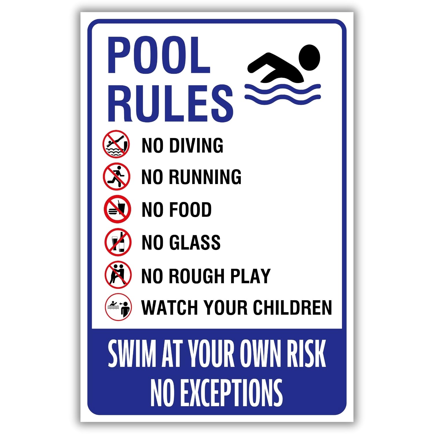 Swim At Your Own Risk Pool Rules Warning Sign, Outdoor & Indoor, 12x8 inch