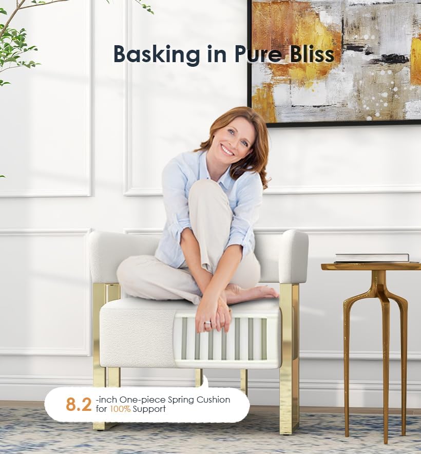 Miniatura 5 de AODAILIHB Juego de 2 sillas decorativas modernas, sillas tapizadas con forro polar blanco con patas de metal dorado, sillones tapizados para sala de