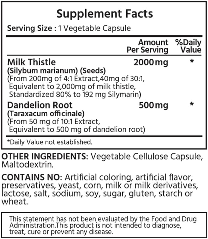 Miniatura 2 de ML Naturals Cardo mariano de triple fuerza 2,000 mg (silimarina de alta dosis y potencia 192 mg por porción), 120 cápsulas vegetales. Apoya la salud