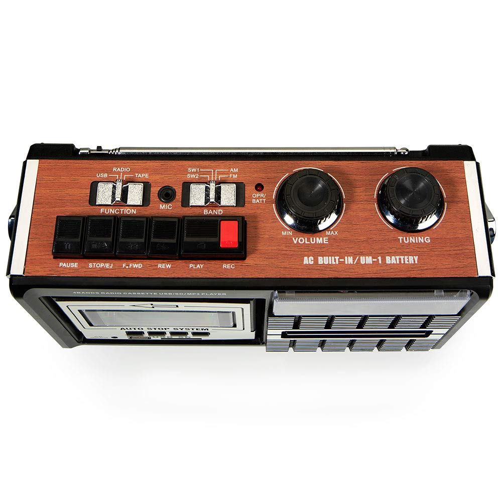 Ricatech PR85 – Lecteur de cassettes et enregistreur des années 80, Radio AM/FM/SW, USB, Port de carte SD, Microphone intégré, Arrêt automatique, Poids léger, haut-parleurs intégrés de 8 watts