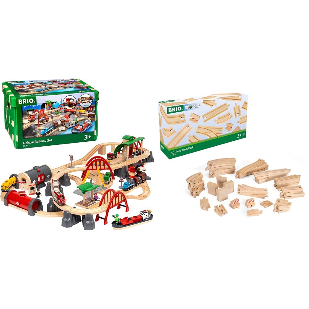 BRIO World 33052 Deluxe Railway Set | Wooden Toy Train Set for Kids Age 3 and Up, Green & 33772 Special Track Pack | 50 Pieces of Wooden Tracks and Train Accessories for Kids Age 3 and Up