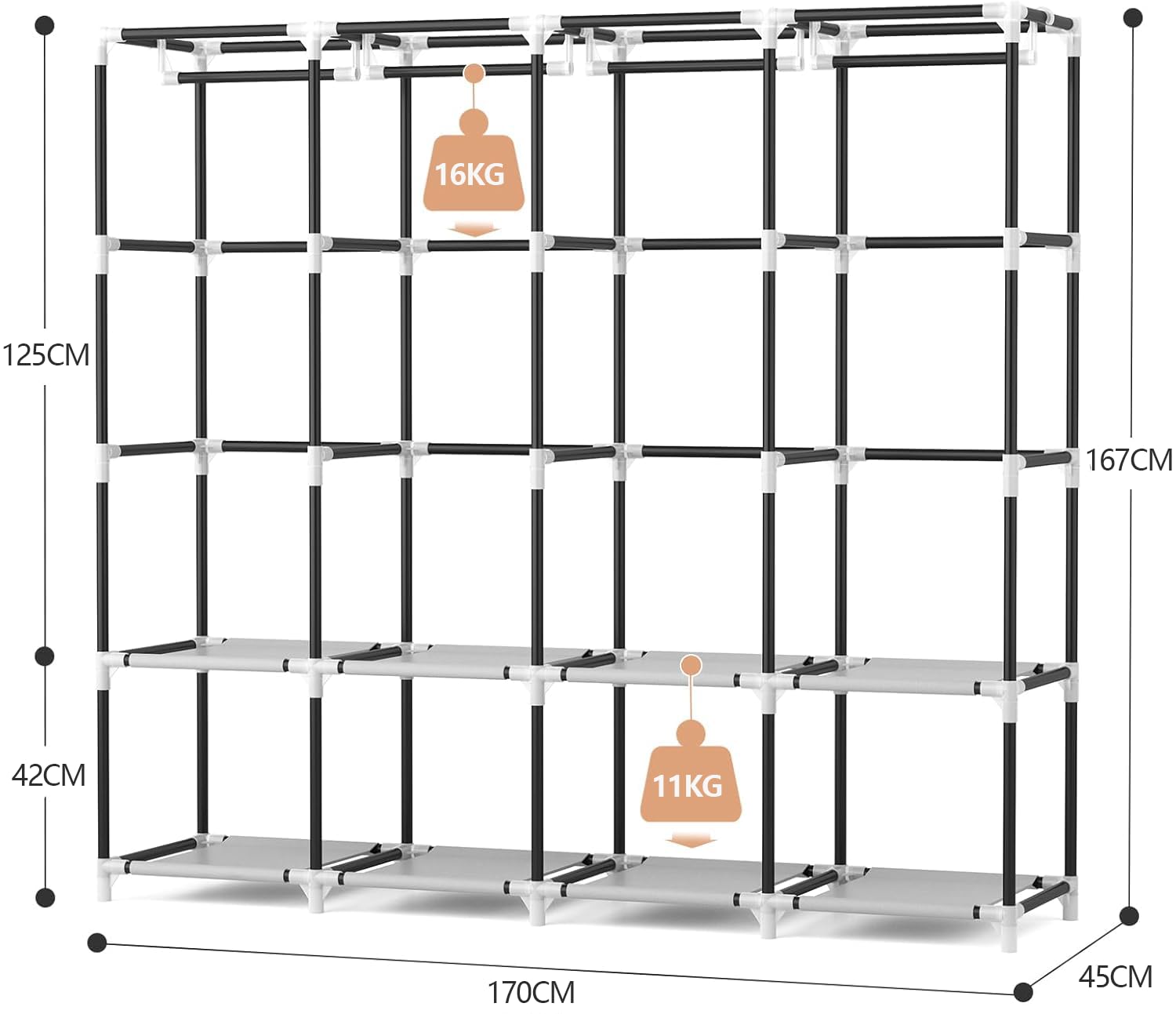 Armoire de Rangement, Penderie Portable - 170 cm de large - Grande capacité - Avec couvercle,4 étagères de rangement et 4 barres de suspension-Armoire en tissu autonome robuste pour chambre à coucher