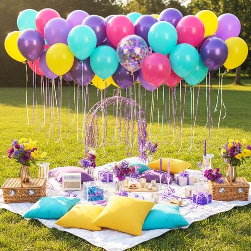 Image of RUBFAC Pink and Purple Balloon Bithday Balloons, 65pcs 12 Inches Purple Metallic Teal Yellow Confetti Party Balloons for Magic Hunters Theme Birthday Baby Shower Decoration
