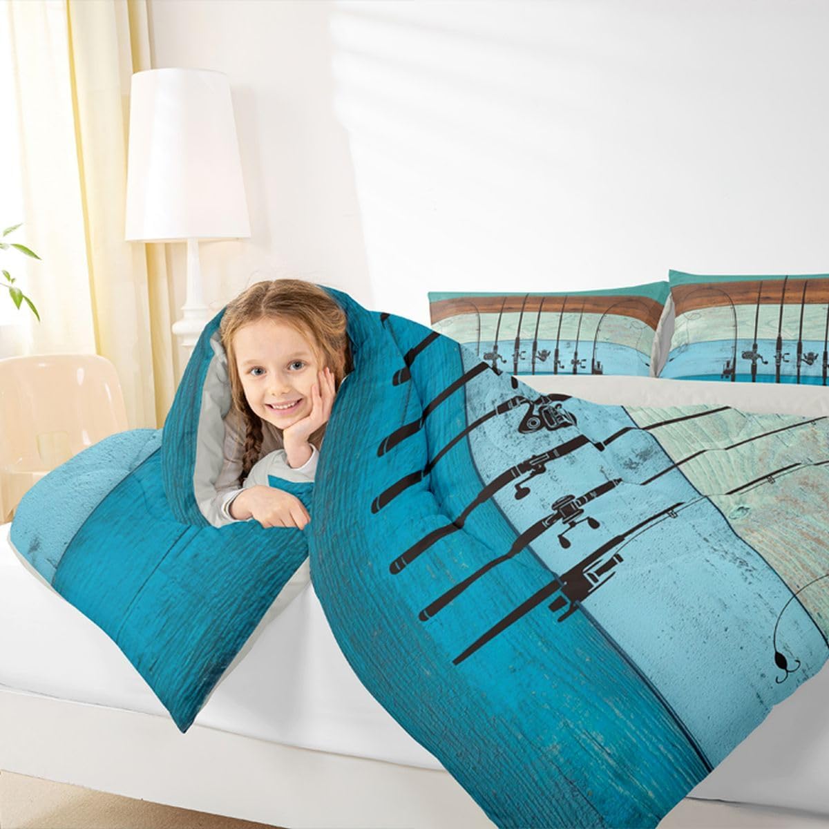 Fishing Quilt Fishing Pole Queen Comforter Set Fishing Gifts for Men,Vintage Rainbow Wood Bedding Comforter Sets Go Fish Duvet Insert,Angle Hook Fishing Accessories Rustic Home Decor,Watercolor image 4