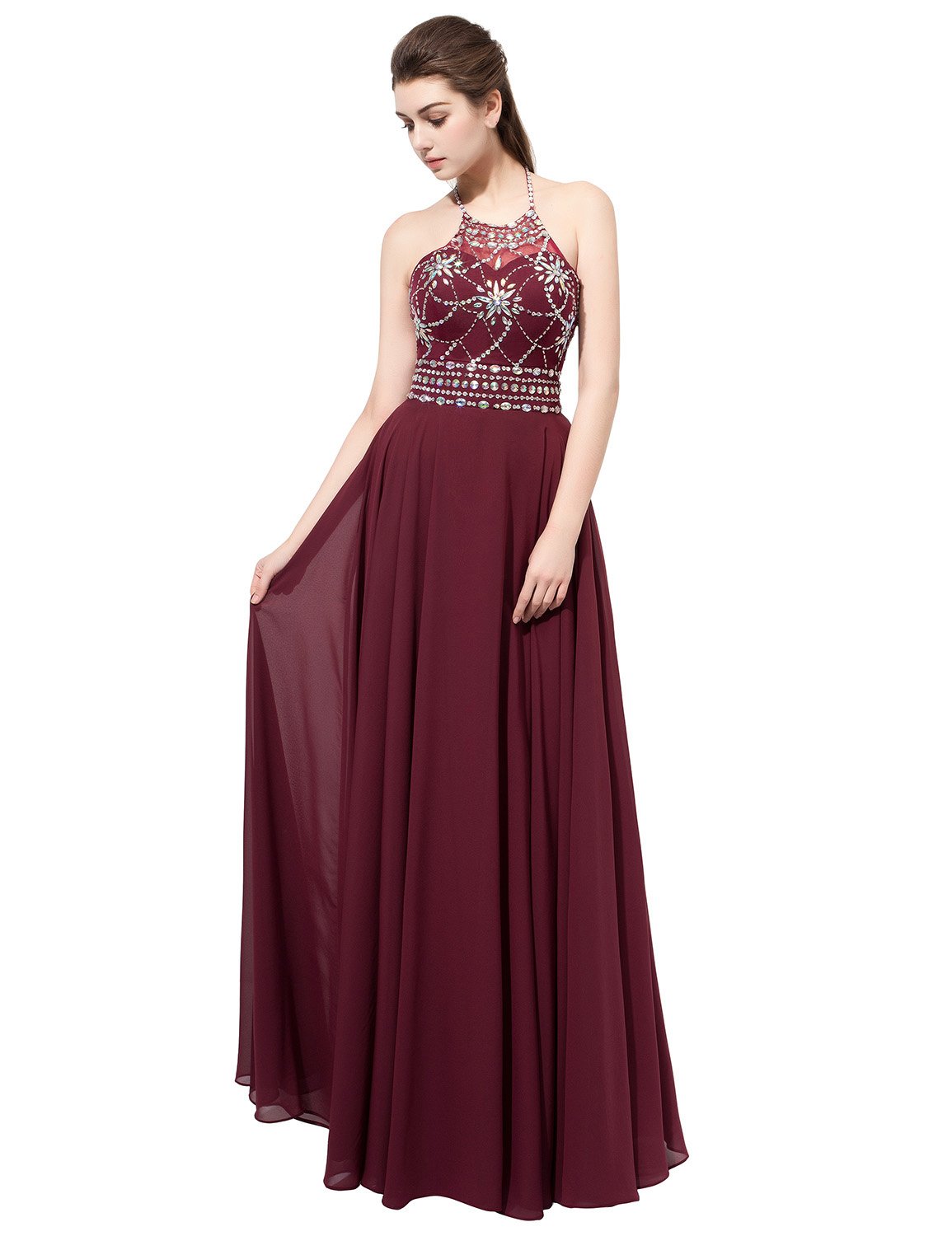 SarahbridalWomens Halter Chiffon Prom Evening Dresses Long 2019 Backless Bridesmaid Gowns Maroon US8