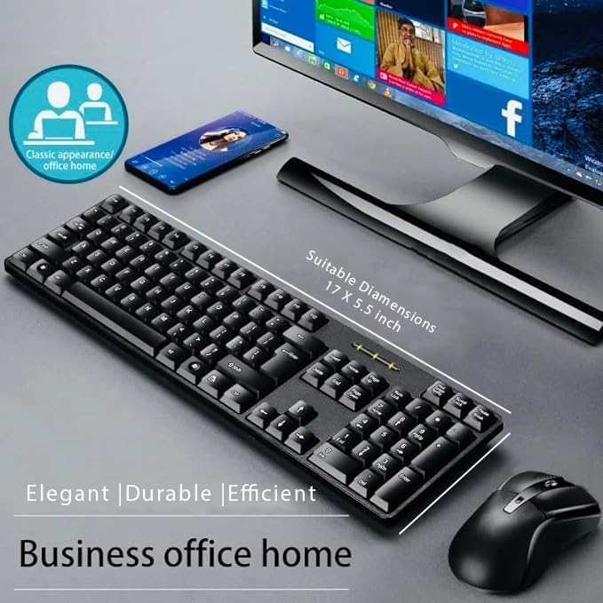 Wireless Keyboard and Mouse Combo, 2.4 GHz USB Receiver and Wired Keyboard Mouse Set, Ergonomic Design, Compatible with PC, Laptop, Desktop (Wireless)