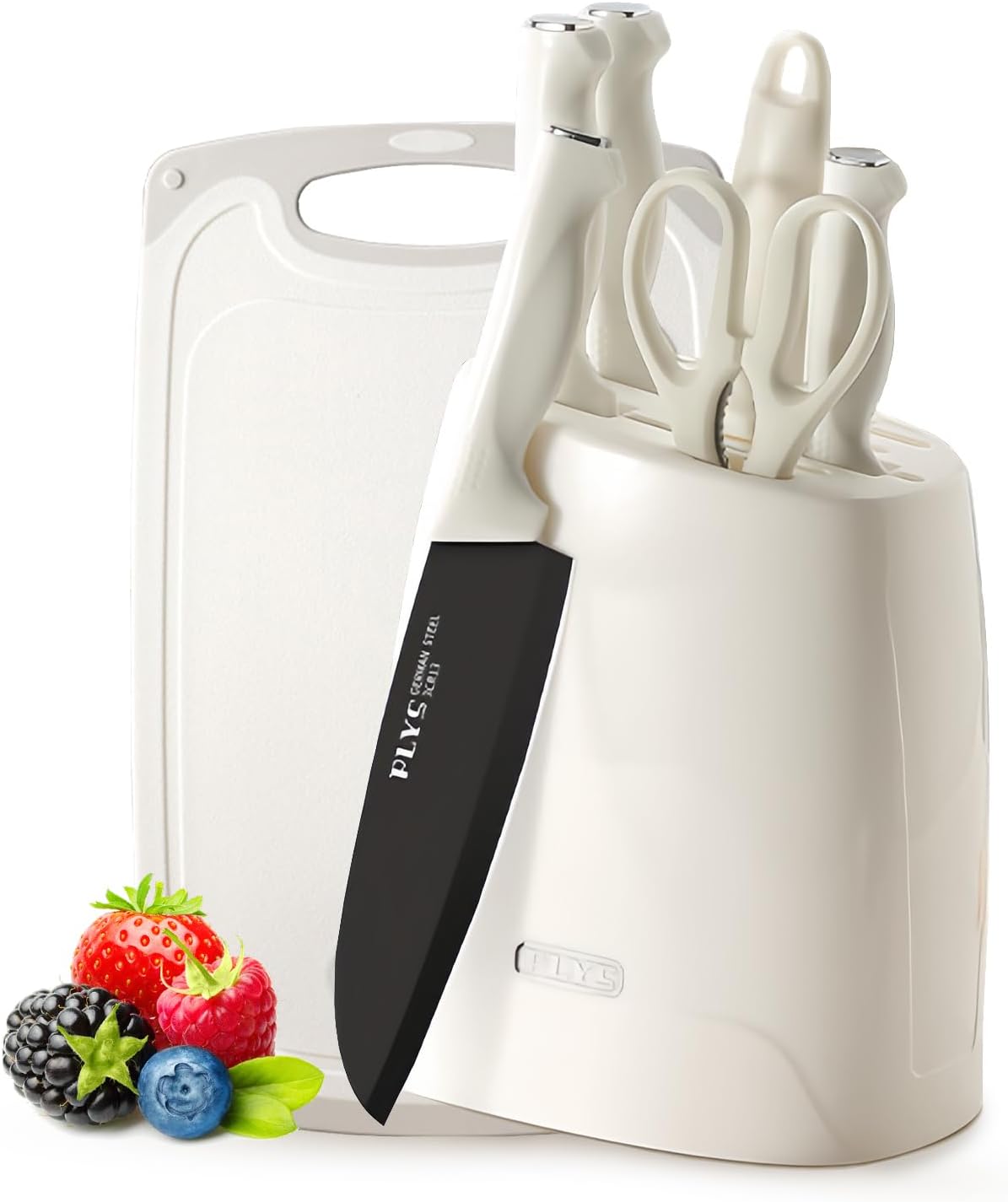 Knife Set, 8 Pieces Knife Block Set for Kitchen, Stainless Steel Kitchen Knives with Sharpener and Cutting Board, Anti-stick & Non-slip Chef Knife Set, Ergonomical Design (White)