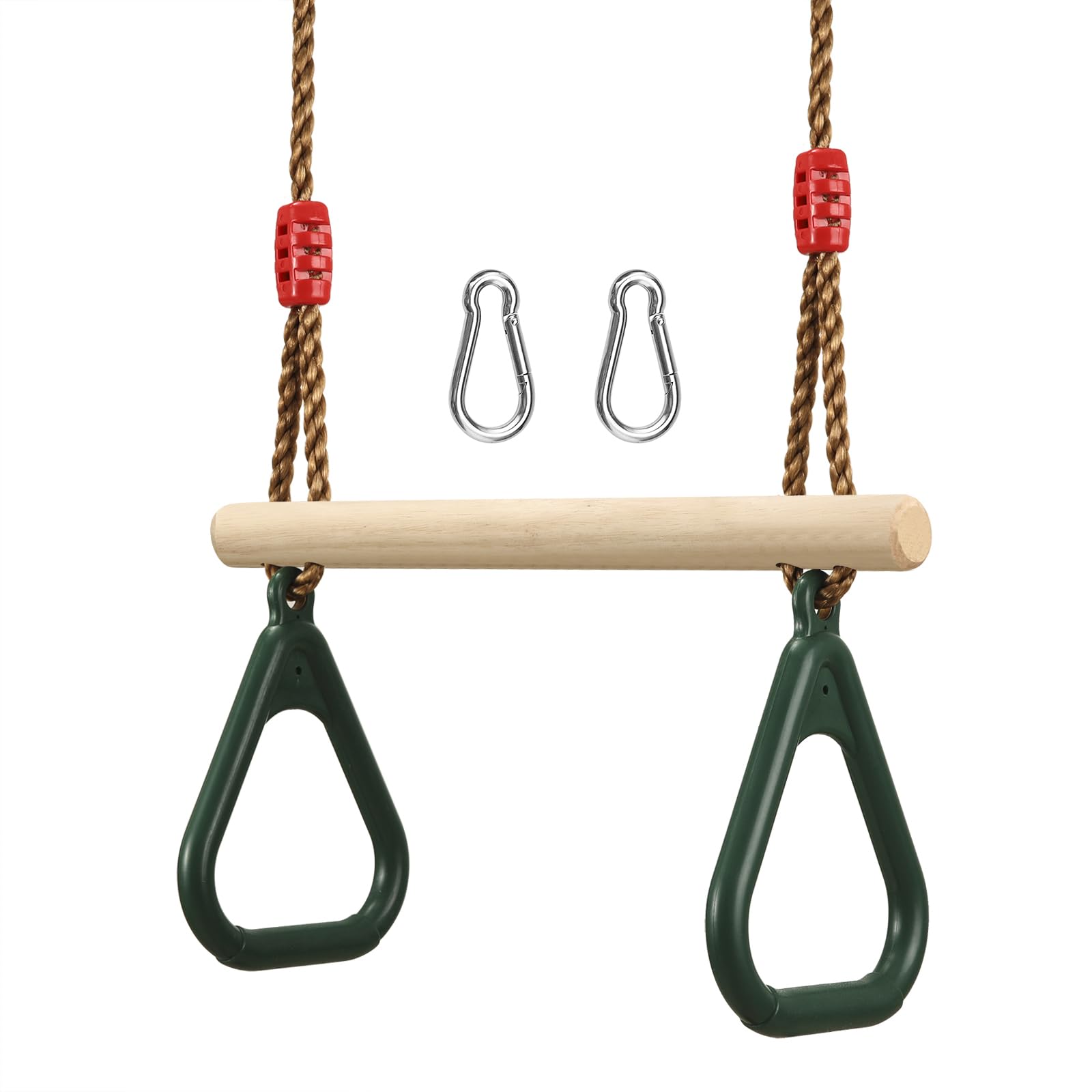 Playground Children's Wooden Trapeze Swing Bar with Plastic Gym Rings Swing Set for Indoor & Outdoor Fun