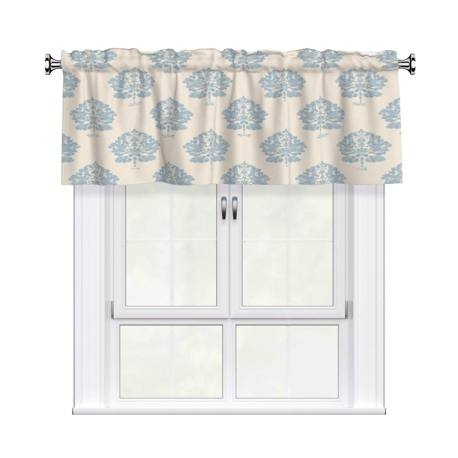 Woshuwo Blue And Ivory Elegant Ornamental Motifs Valances For Windows Rod Pocket Window Treatment Short Curtains For Kitchen Living Room Bedroom Decor 54x18in