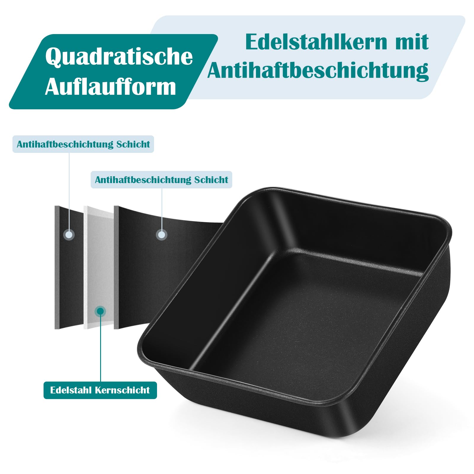 Homikit Quadratische Auflaufform, Antihaft Kuchenform mit Deckel, Edelstahl Eckig Backform 15,9 * 15,9 * 5cm, Klein Backblech für Casseroles Lasagne Brownin, Gesund & Leicht zu Reinigen