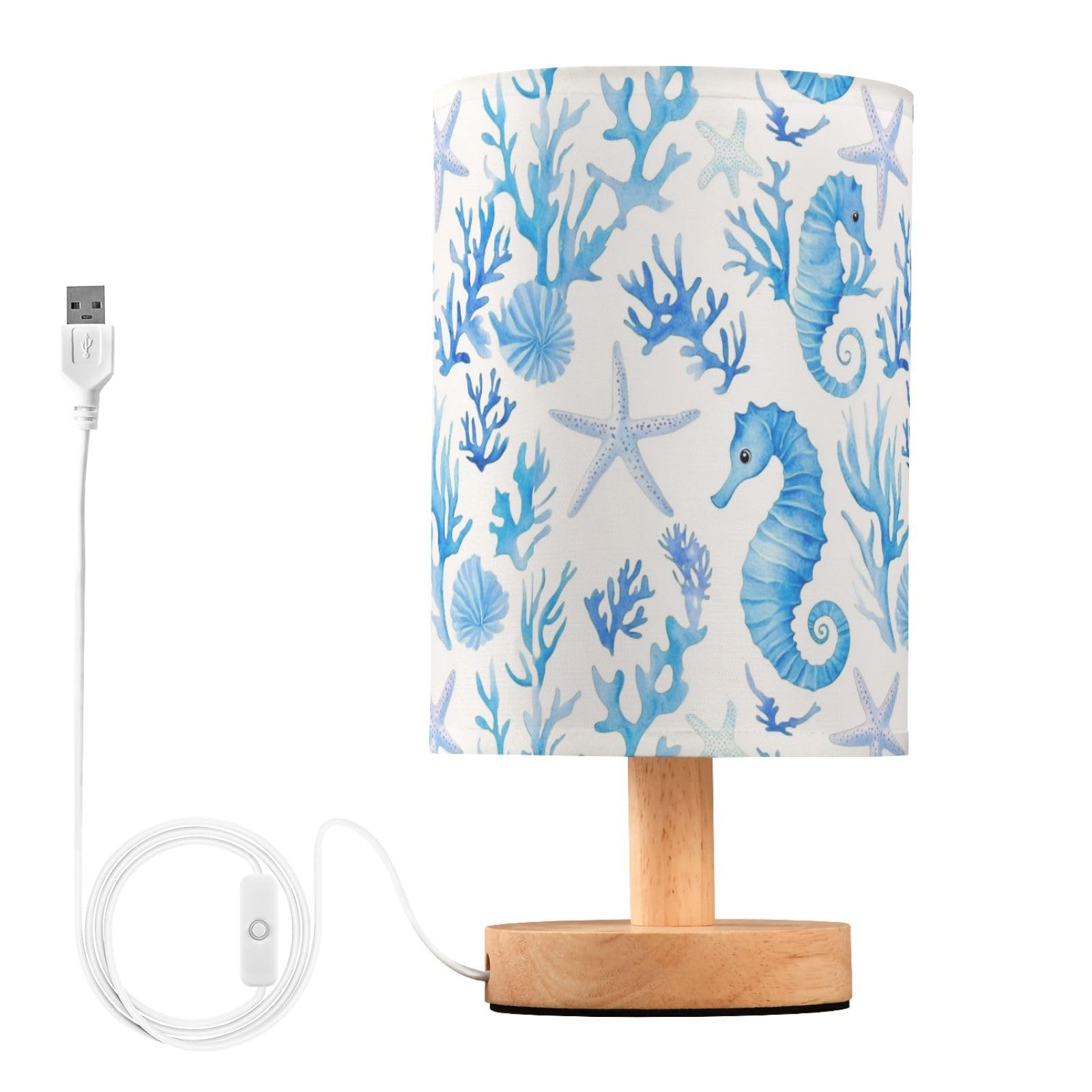 Nautical Seahorses Starfish Coral Blue Bedside Table Lamps with USB Port for Bedroom LampSmall Nightstand Lamp Sturdy Linen Shade Wooden Base
