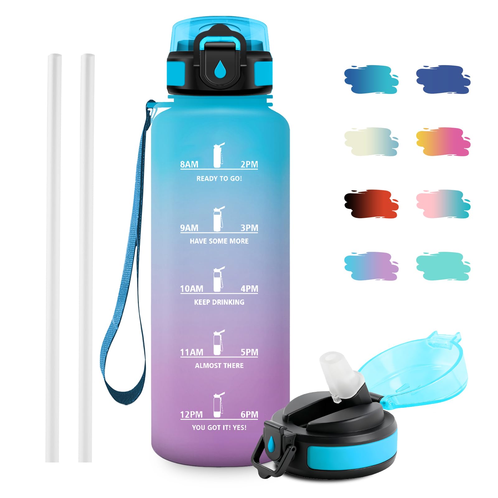 Borraccia 1.5L, Bottiglia Acqua A Prova di Perdite, senza BPA, Bottiglia Riutilizzabile, Borraccie con Cannuccia e Marcatori Temporali, Borraccia Motivazionale per Campeggio, Scuola, Ufficio