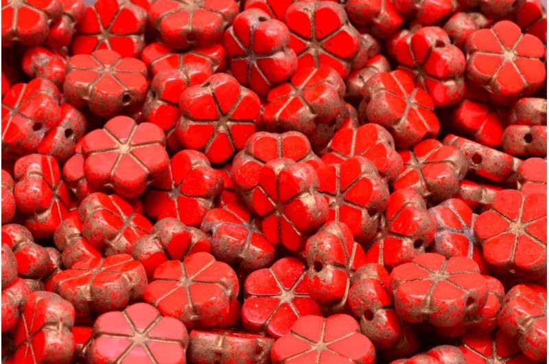 Outlet 10 Grams Table Cut Garland Flower Beads, 10 x 10 mm, Red Dirty Gold (93180-04302), Glass, Czech Republic