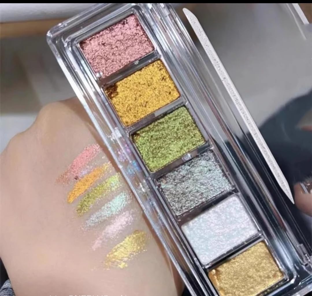 Glitter Eyeshadow Palette, 6 Shades Shimmer Metallic Colors | Highly Pigmented, Sparkling Finish, Pink Gold Green Silver, Clear Compact Case, Eye Makeup-image-7